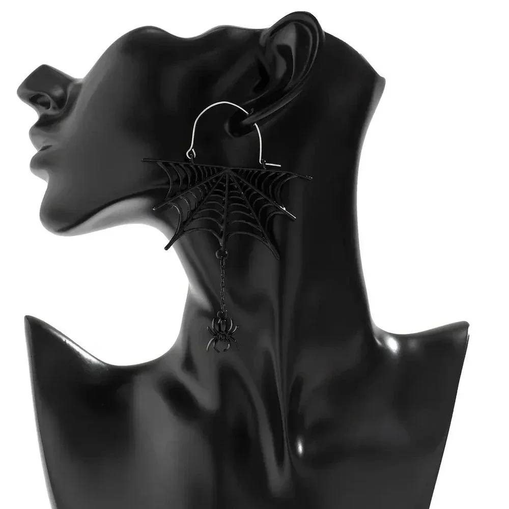 Halloween Sweet Cool Spider Mesh Fringe Earrings Dark Wind Metal Cutout - Picture 5 of 6